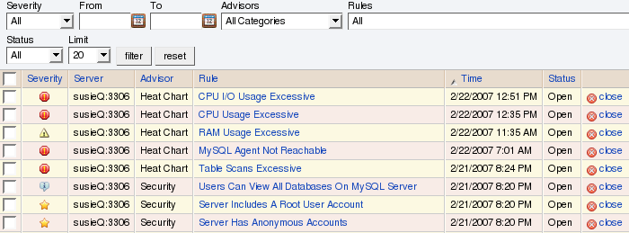 MySQL Enterprise Dashboard: Events screen